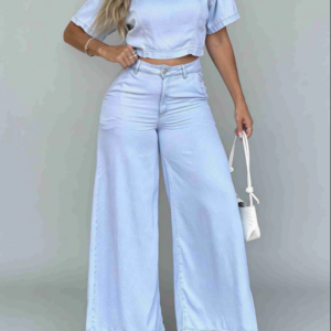 Cojunto  jeans wide leg y blusa con cierre en espalda
