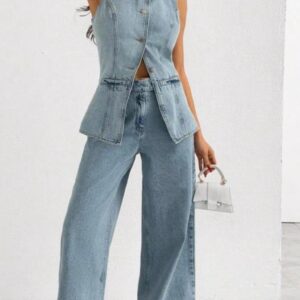 Conjunto en denim chaleco y palazzo